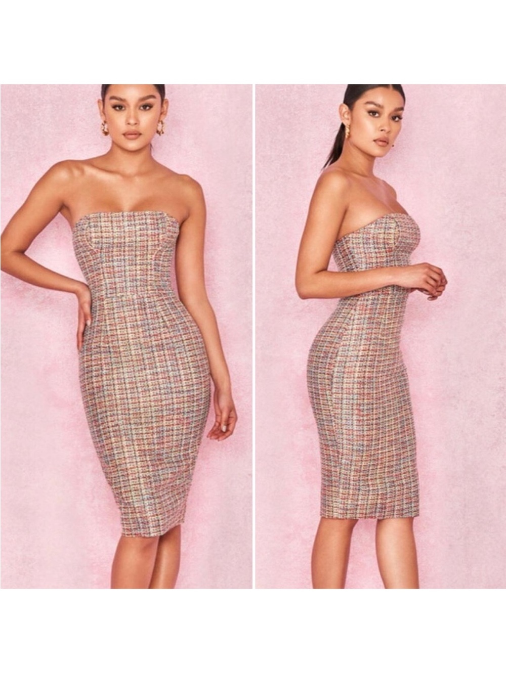 House of CB Strapless Tweed Midi Dress in Multicolor Pastels